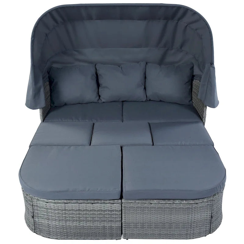 Graues Outdoor-Daybed aus Rattan mit Kissen und ausziehbarem Sonnendach