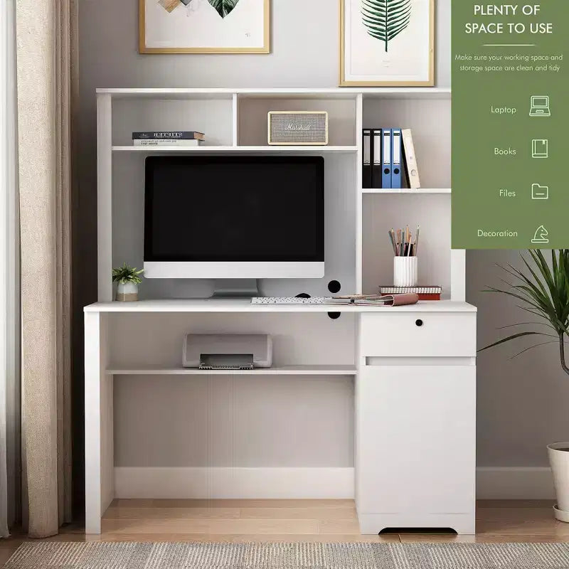 Bureau d'ordinateur moderne de 51.18IN avec rehausseur et bibliothèque, bureau avec nombreux rangements, bureau d'écriture pour le travail et la lecture