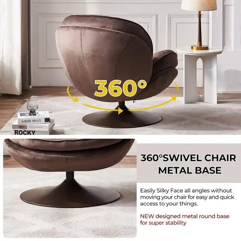 Fluwelen draaifauteuil met voetenbank, ronde leesfauteuil met voetenbankset, 360 draaibaar, metalen frame