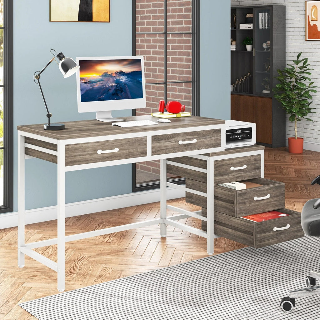 Wendbarer Computerschreibtisch mit 5 Schubladen, Schreibtisch fürs Homeoffice mit Aktenschublade und Druckerständer