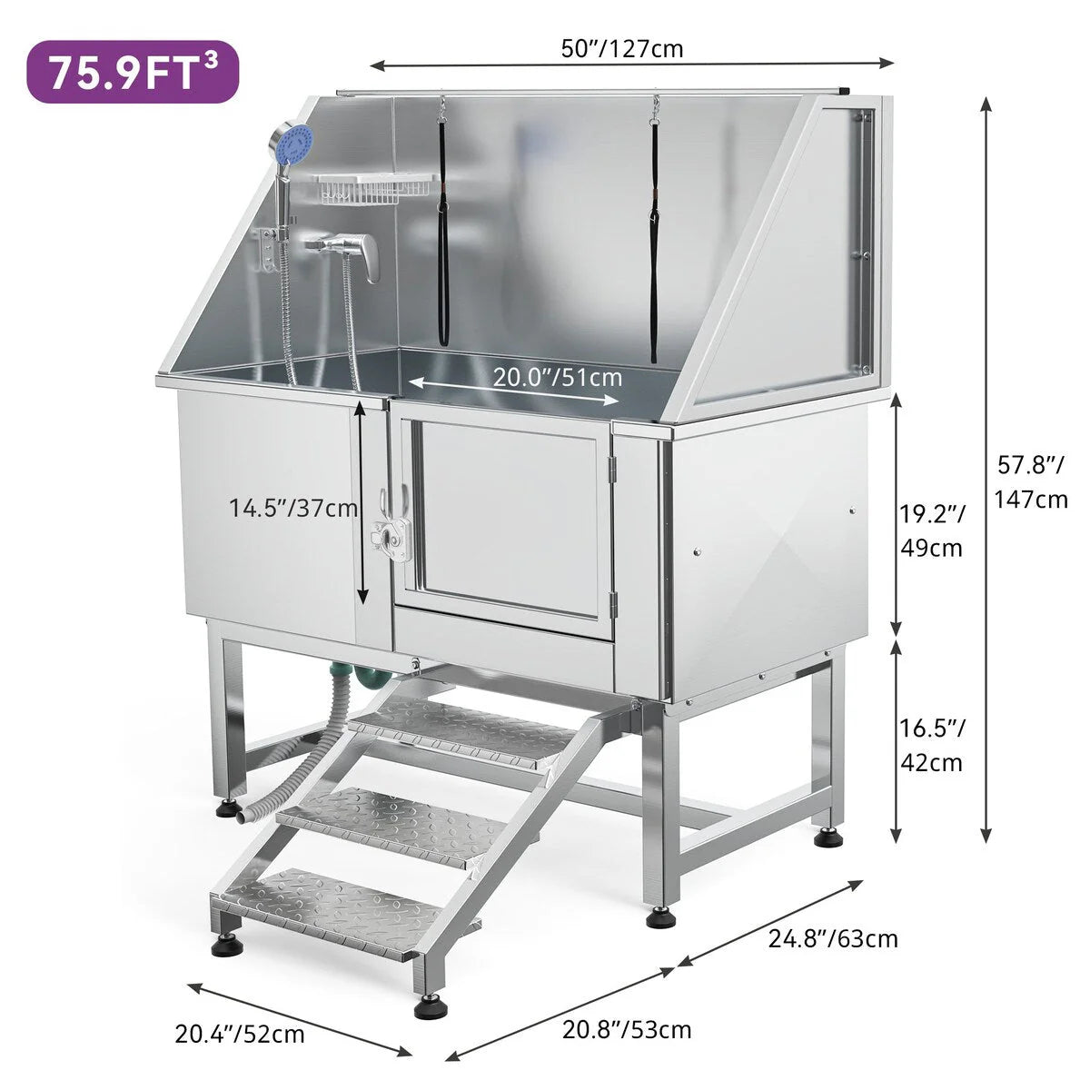 Baignoire de toilettage réglable pour animaux en acier inoxydable, largeur 50 W, avec marches et rampe