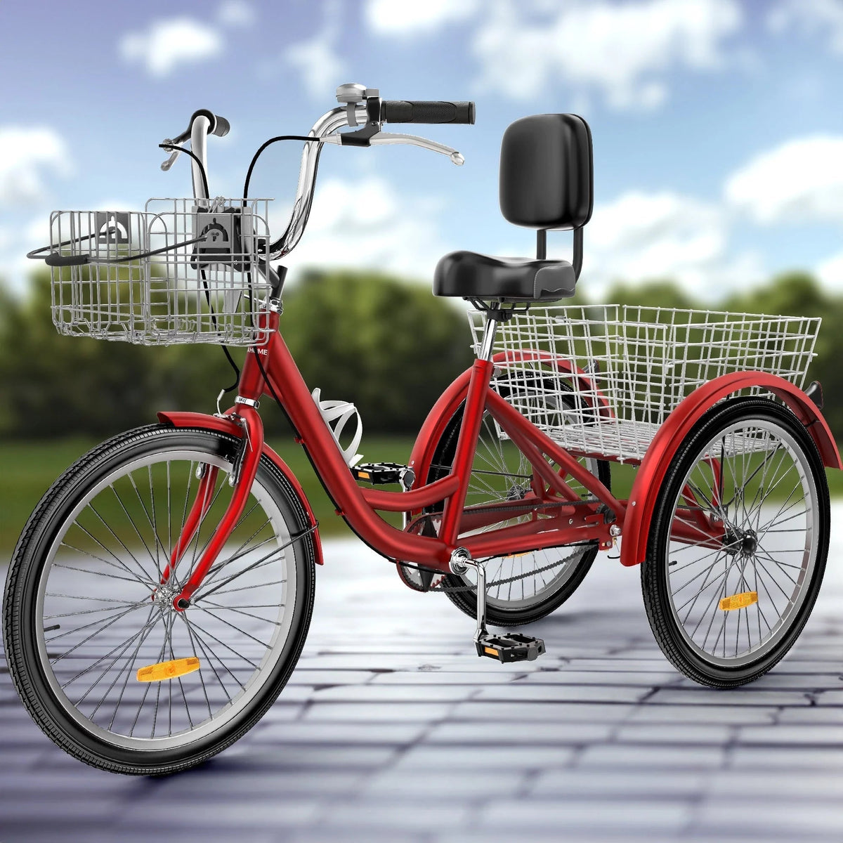 Vélo tricycle bleu pour adulte, 26, à 3 roues avec paniers amovibles