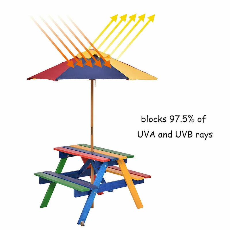 Costway Kinder-Picknicktisch mit 4 Sitzplätzen, Sonnenschirm, für Garten und Hof, klappbar