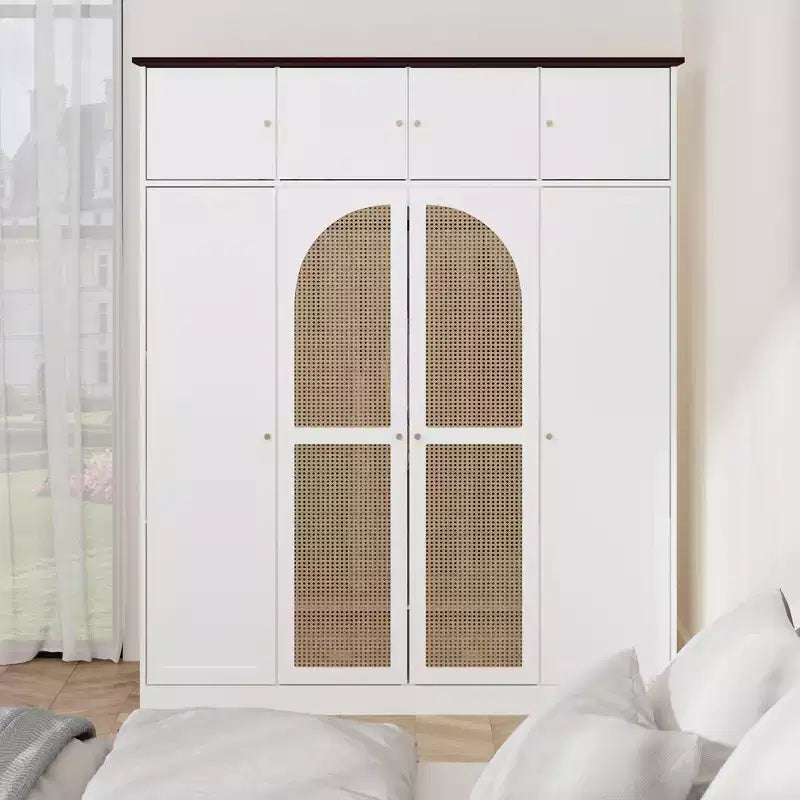 Armadio guardaroba grande da 70.87Tall con 8 ante, asta appendiabiti, ripiani regolabili e ante decorative in rattan