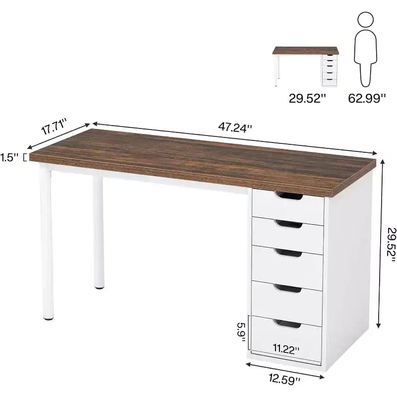 Bureau d’ordinateur Lantine avec 5 tiroirs, bureau moderne et sobre de 47 pouces pour le télétravail, les études et l’écriture, idéal pour les petits espaces