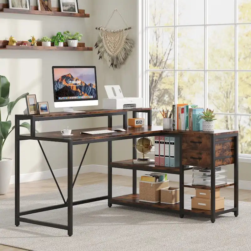 Schreibtisch in L-Form mit Schublade, Eckschreibtisch fürs Homeoffice mit Ablagefächern und Monitorständer, rustikaler PC-Schreibtisch für kleine Räume
