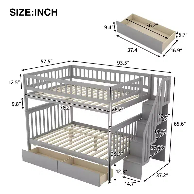 Stapelbed met twee tweepersoonsbedden, twee opberglades en opbergplanken, voor de slaapkamer van kinderen, tieners en volwassenen
