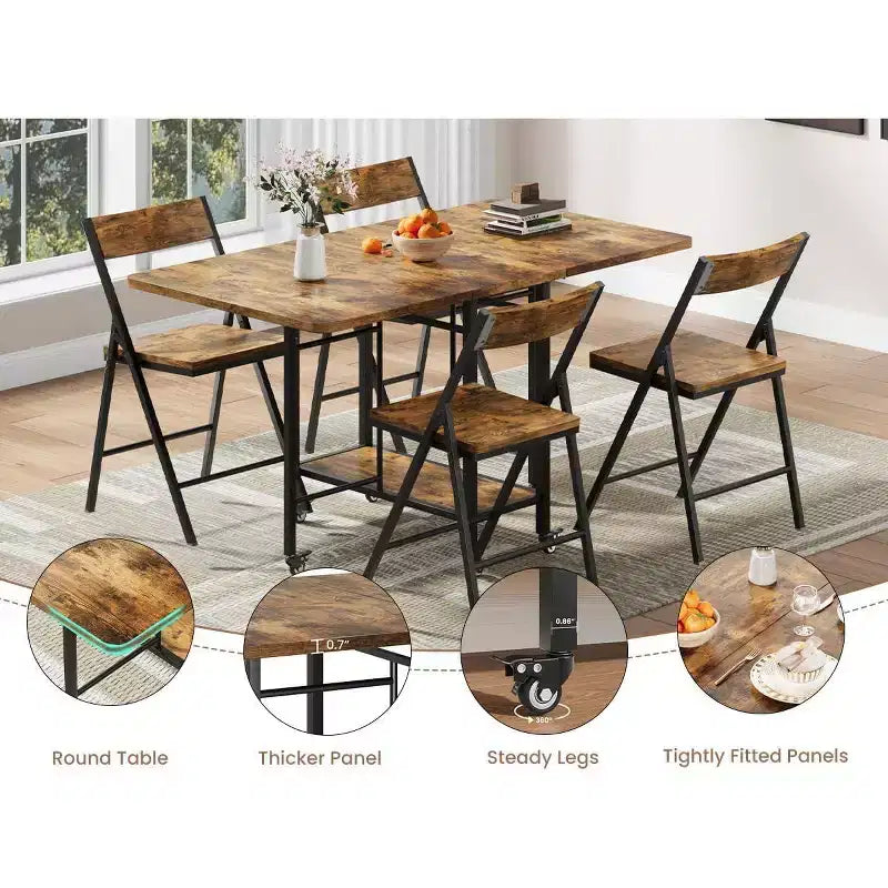 Eetkamerset in boerderijstijl, 5-delig, voor 4 personen, houten klaptafel op wielen met 4 opklapbare stoelen, stevig stalen frame, ruimtebesparend voor appartementen
