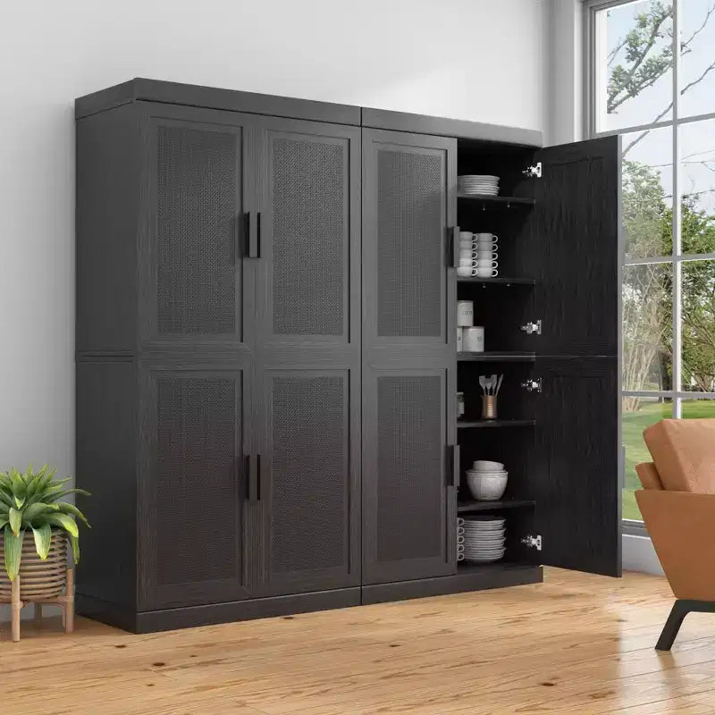 Mobile decorativo contenitore alto 62, con ante in vimini nero effetto legno e 12 ripiani
