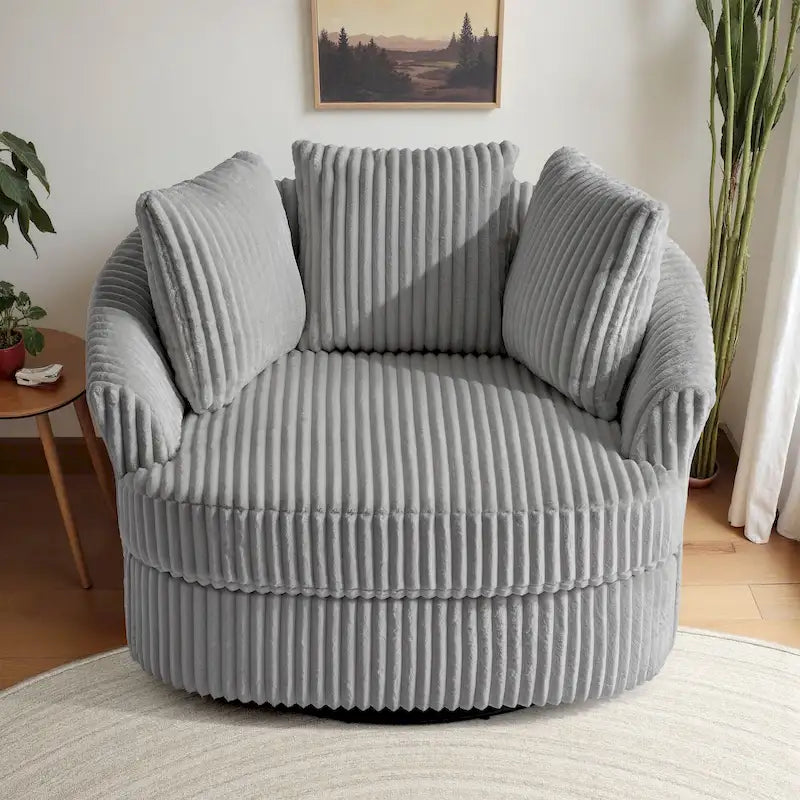 Fauteuil tonneau pivotant surdimensionné en velours côtelé moelleux, accoudoirs rentrés, 43 W