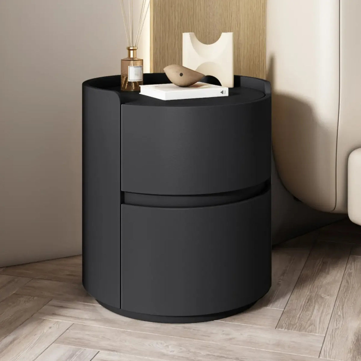 Comodino rotondo moderno con vassoio in pelle e 2 cassetti
