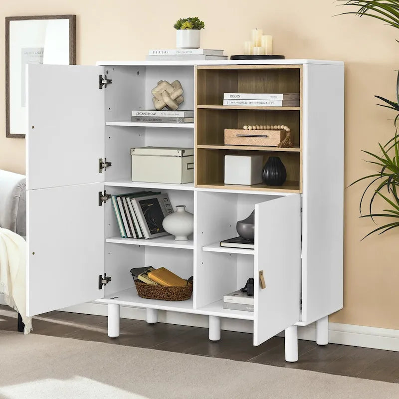 Multifunktionaler Aufbewahrungsschrank mit Tür, modernes Sideboard, Aufbewahrungsschrank aus Holz, Schubladenschrank mit Ledergriffen