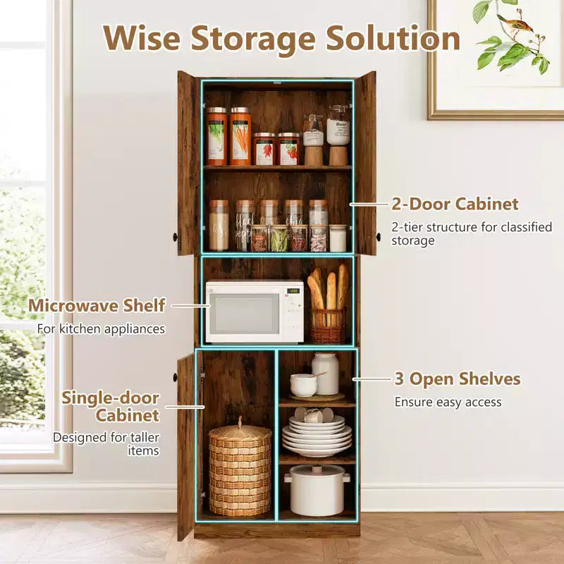 Costway Küchenschrank mit Vorratsaufbewahrung, 65.5 hoch, moderner Buffetschrank mit Mikrowellenständer, Braun/Weiß