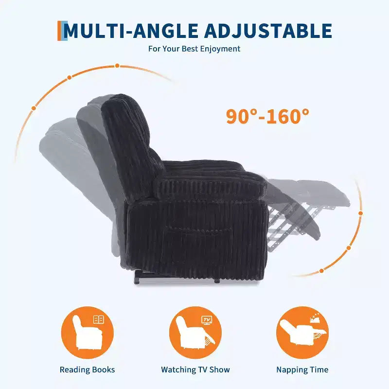 Fauteuil inclinable en velours côtelé, canapé inclinable manuel avec poignée, accoudoirs à plateau rembourré, rembourrage épais, poche latérale, salon, chambre, salle de cinéma maison, gris foncé