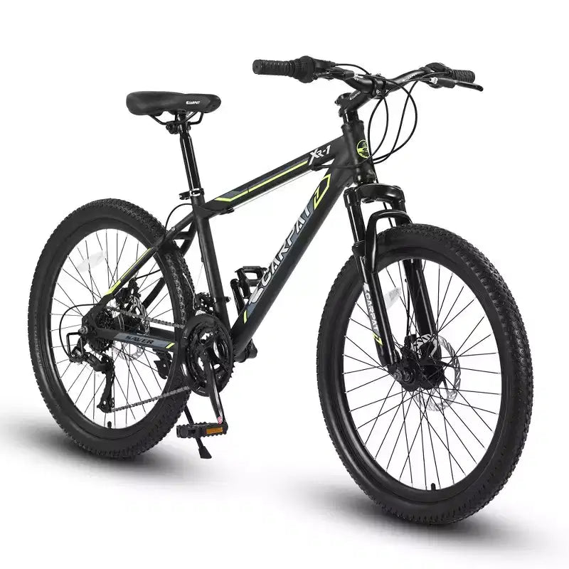 Okak mountainbike van 24 inch met stalen frame, kinderfiets met Shimano 21 versnellingen, dubbele schijfremmen en vering vooraan, fiets voor tieners