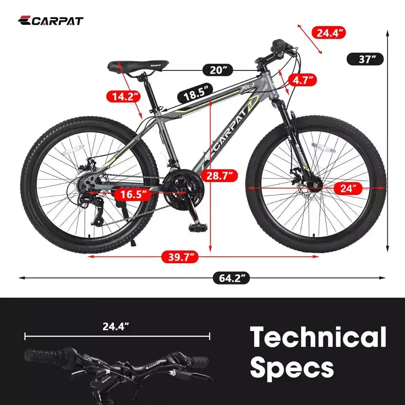 Okak mountainbike van 24 inch met stalen frame, kinderfiets met Shimano 21 versnellingen, dubbele schijfremmen en vering vooraan, fiets voor tieners