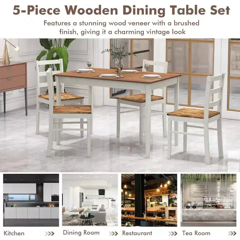 Costway 5-delige eetkamerset van massief hout, keukenmeubels met rechthoekige tafel en 4 stoelen, naturel/koffiekleur/grijs