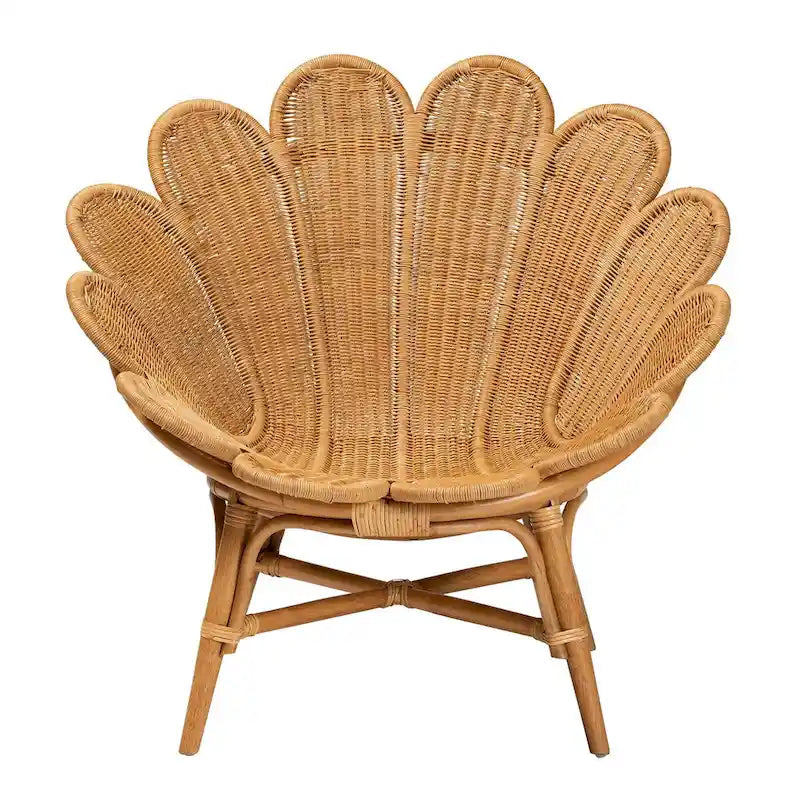 Blossom Akzentstuhl in Blumenform aus honigfarbenem Rattan im Boho-Stil