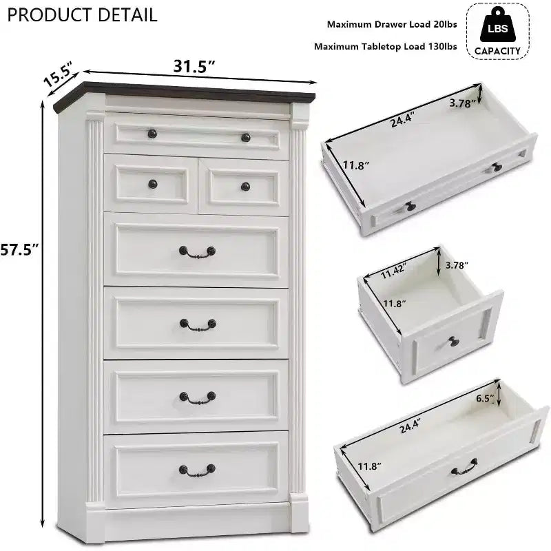 Cassettiera Mastgoal 57 in stile rustico con 7 cassetti, mobile contenitore in legno con colonna romana per camera da letto