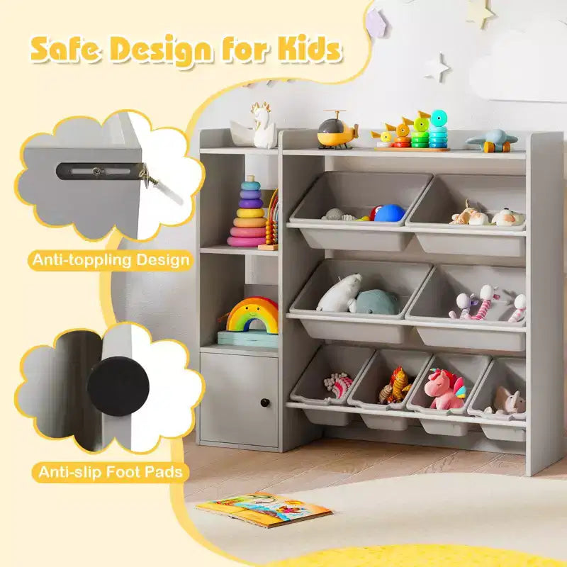 Costway Spielzeugaufbewahrung und Bücherregal für Kinder, Bücherregal aus Holz mit 4 kleinen und 4 großen Boxen, Grau/Weiß