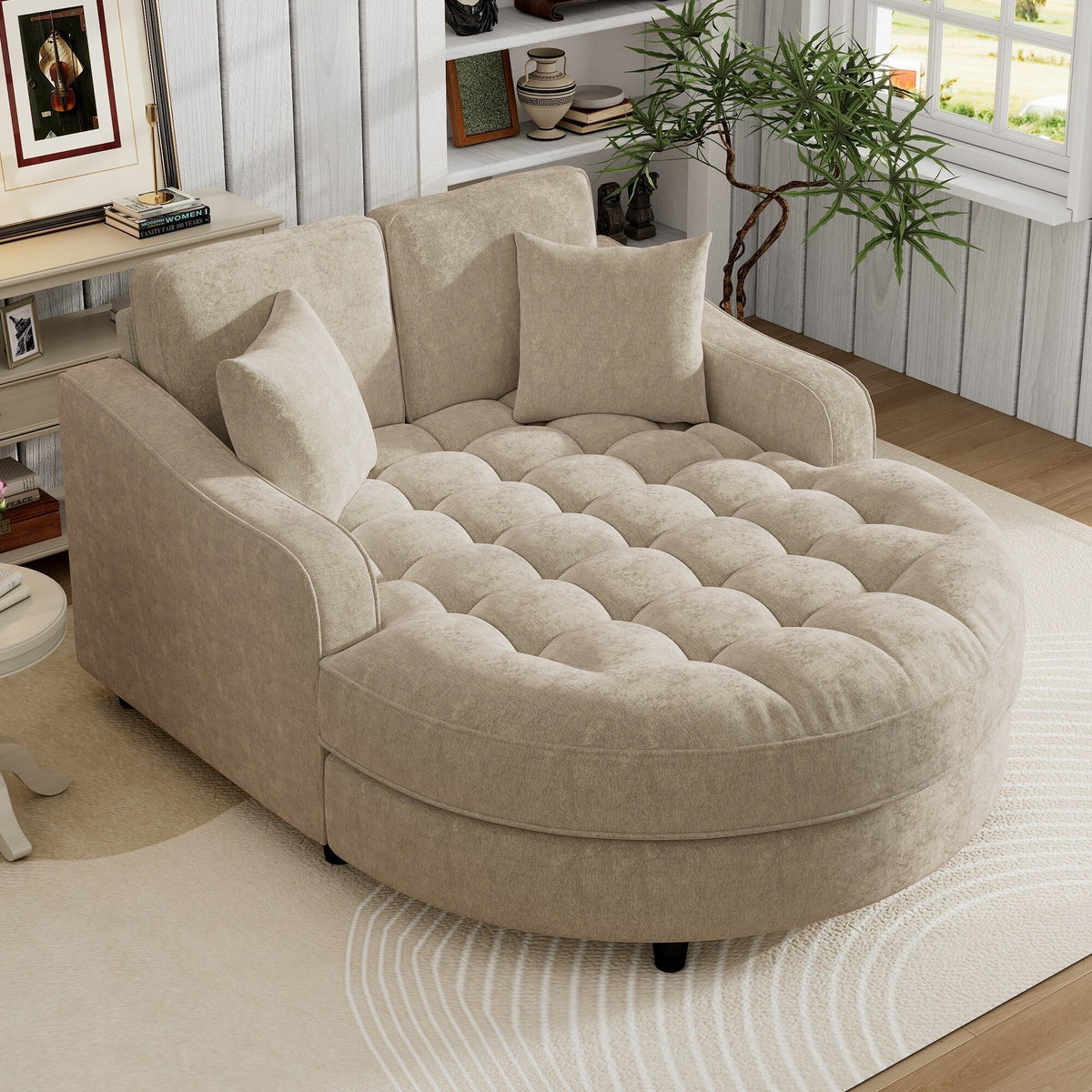 Chaiselongue-Schlafsofa aus Chenille, gepolstertes Sofa mit gesteppter Rückenlehne und 2 abnehmbaren Kissen für das Wohnzimmer