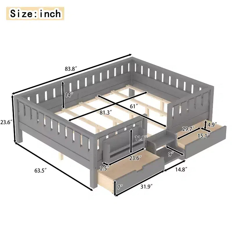 Lit pour enfant Bellemave format queen avec 14 barrières de sécurité, cadre de lit compact avec bibliothèque intégrée et 2 tiroirs de rangement sous le lit