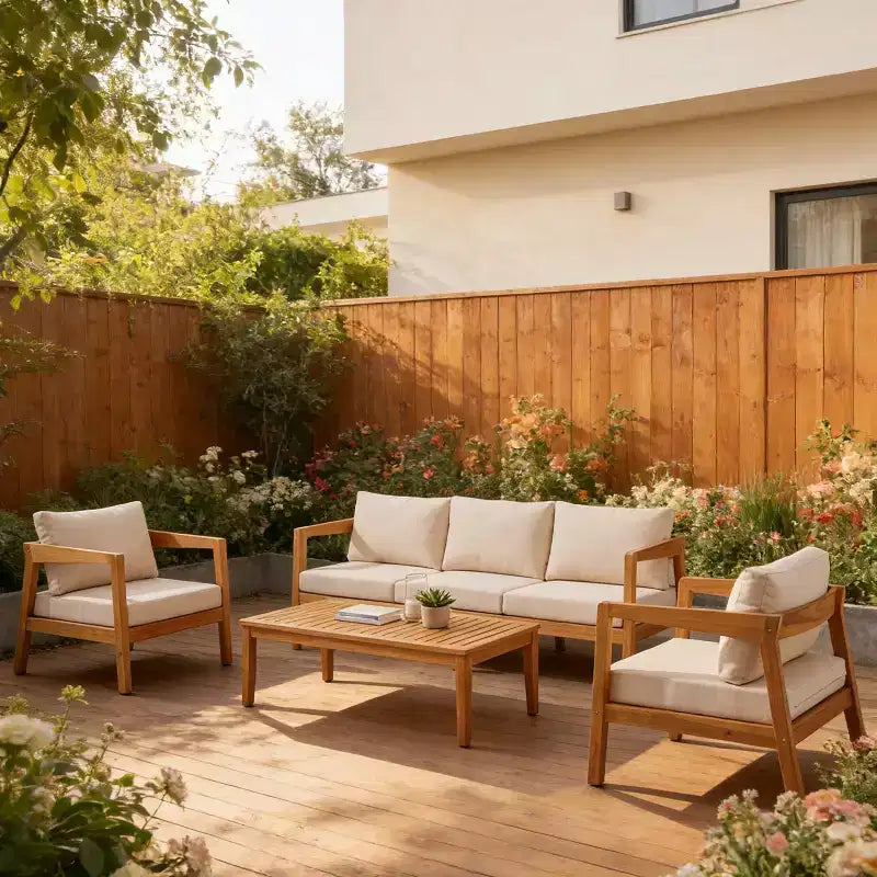 Ensemble de salon de jardin 4/5 pièces en bois d’acacia ModernLuxe, salon d’extérieur avec table basse pour porche/jardin/balcon