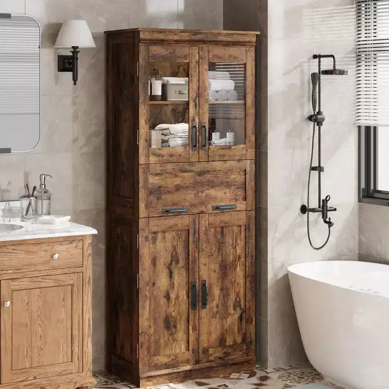 Mobiletto da bagno grande da 66.9 con 4 ante, mobile contenitore autoportante con ante in vetro, ripiani regolabili e cassetti per cucina, dispensa e soggiorno