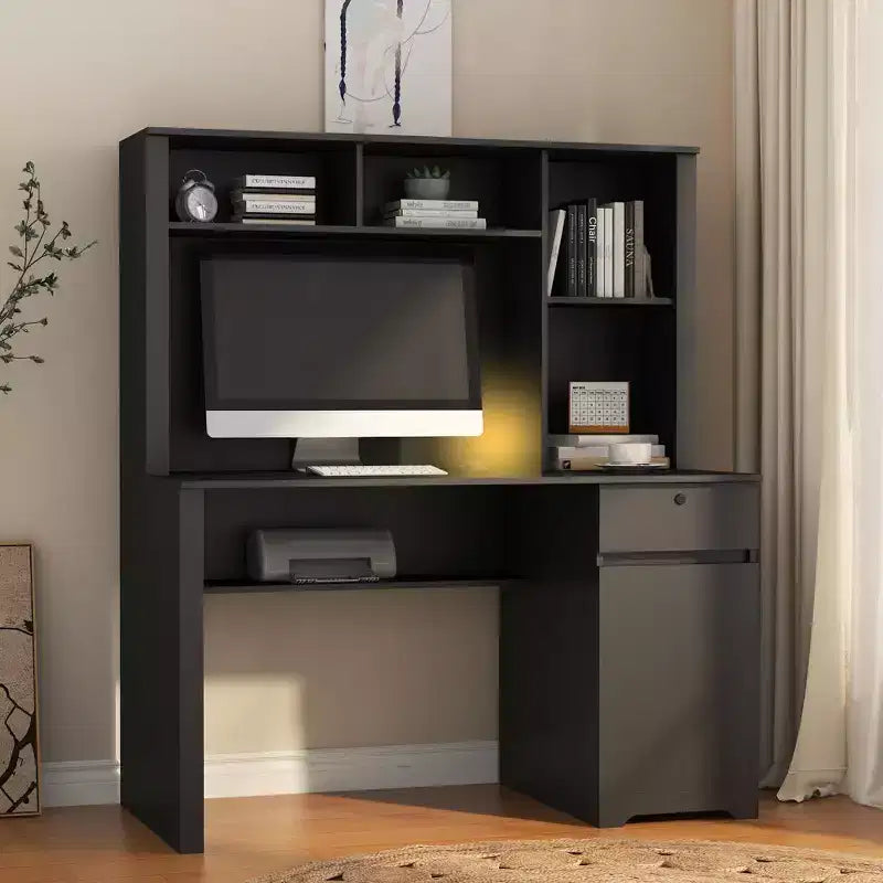 Bureau d'ordinateur moderne de 51.18IN avec rehausseur et bibliothèque, bureau avec nombreux rangements, bureau d'écriture pour le travail et la lecture