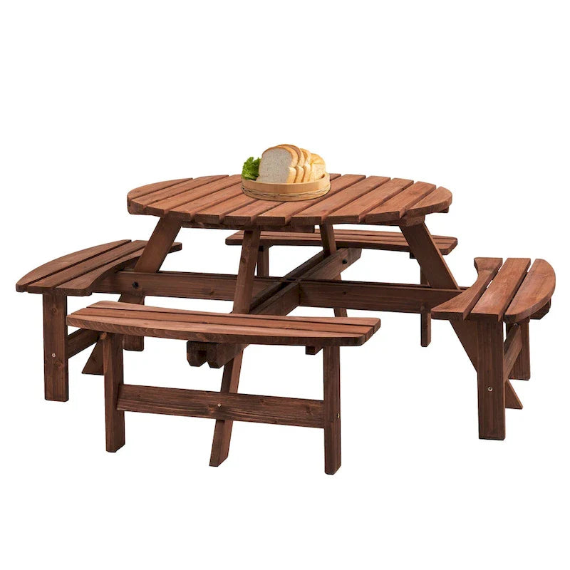 Ensemble de pique-nique rond en bois de sapin pour terrasse extérieure, pour 8 personnes, avec 4 bancs intégrés et un trou pour parasol