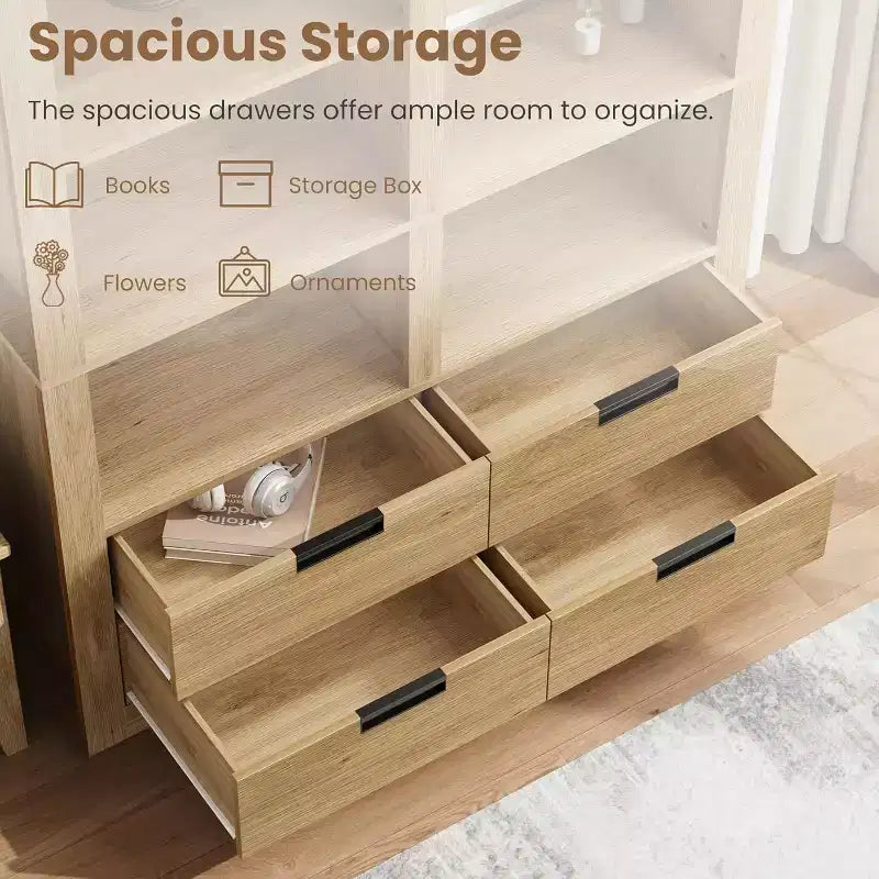 183 cm hohes Bücherregal mit 4 Schubladen, freistehendes Bücherregal im Landhausstil mit Stauraum für Schlafzimmer, Wohnzimmer und Homeoffice
