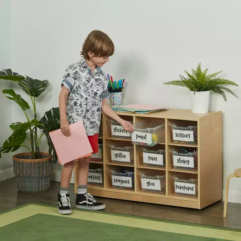 Mobiele opbergkast met vakken en 15 bakken met uitsparing aan de voorkant, 3x4, kindermeubilair
