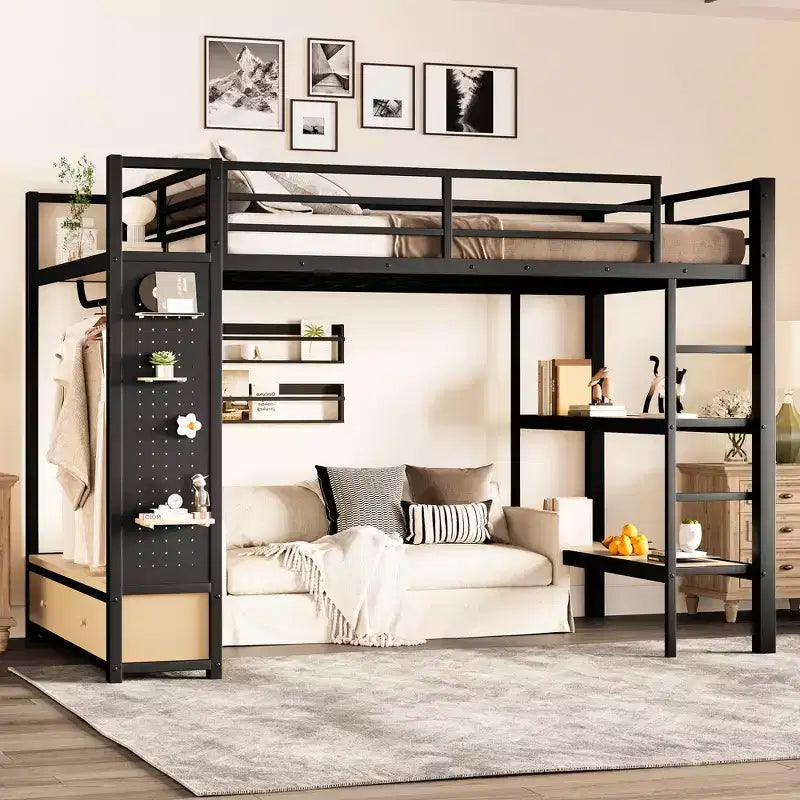 Metall-Hochbett für Full-/Queen-Size-Matratzen, Komplettset mit Kleiderschrank, Ablagefächern und Lochwand, Schwarz - ModernLuxe