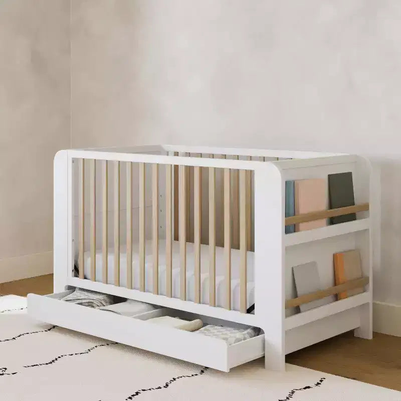 Lit de bébé convertible 4-en-1 avec tiroir et bibliothèques amovibles, sommier réglable
