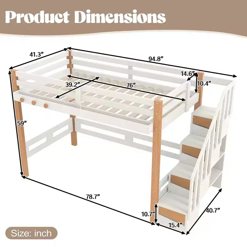 Modernes Hochbett im Loft-Stil mit Kleiderhaken, Ablagefächern und Platz unter dem Bett