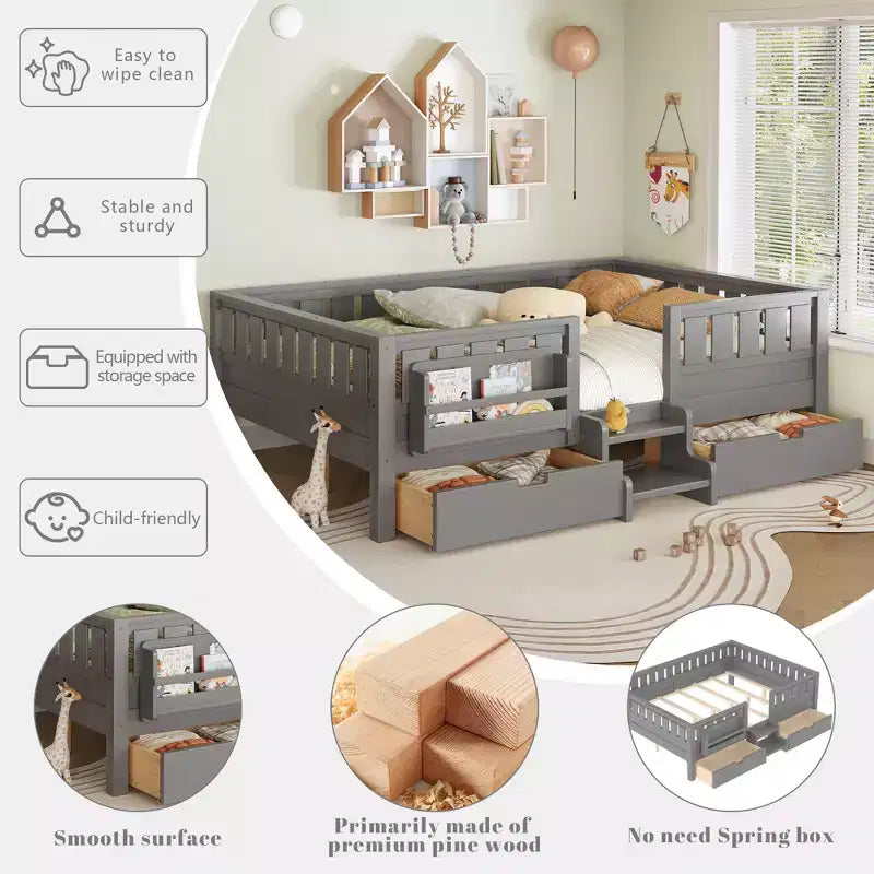 Lit pour enfant Bellemave format queen avec 14 barrières de sécurité, cadre de lit compact avec bibliothèque intégrée et 2 tiroirs de rangement sous le lit
