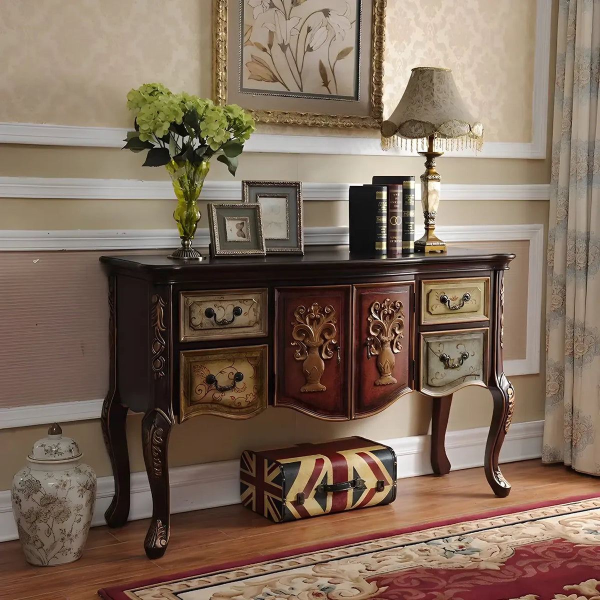 Franse houten koffiekleurige opbergconsoletafel met laden
