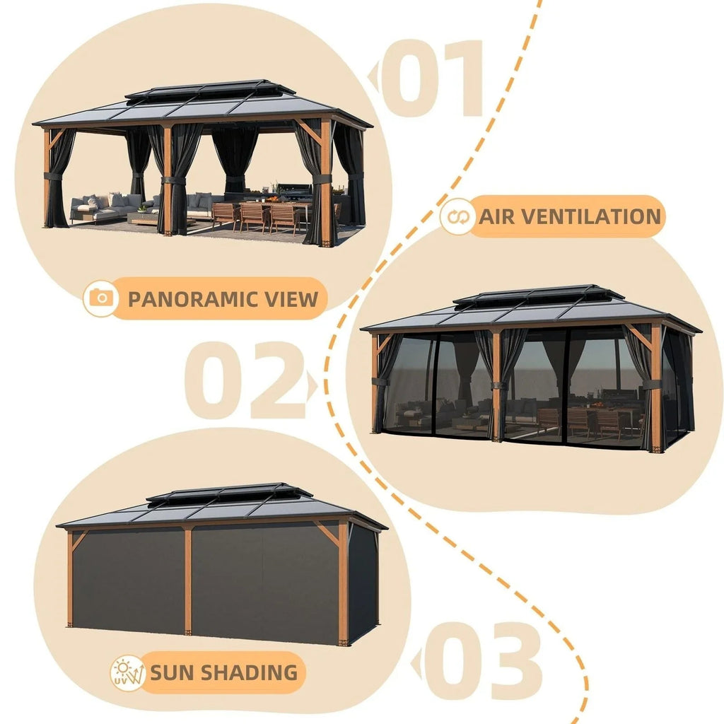 EROMMY hardtop-paviljoen, pergola voor buiten met dubbel dak, netten en gordijnen, extra stevig zonnescherm voor terras, achtertuin en zwembadfeest