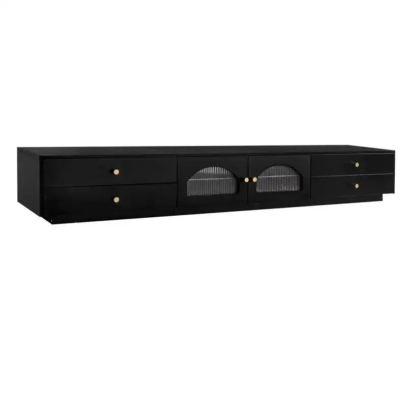 Tv-meubel voor een tv van 95 inch, extra lange mediaconsole met 2 deuren en 4 laden, grote tv-opbergkast en entertainmentcentrum met geribbelde glazen deuren