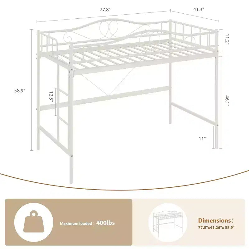 Hochbett in Einzelbettgröße mit abnehmbarer Leiter und umlaufendem Schutzgeländer, robustes Metallgestell, Belastbarkeit 400 lbs, platzsparend
