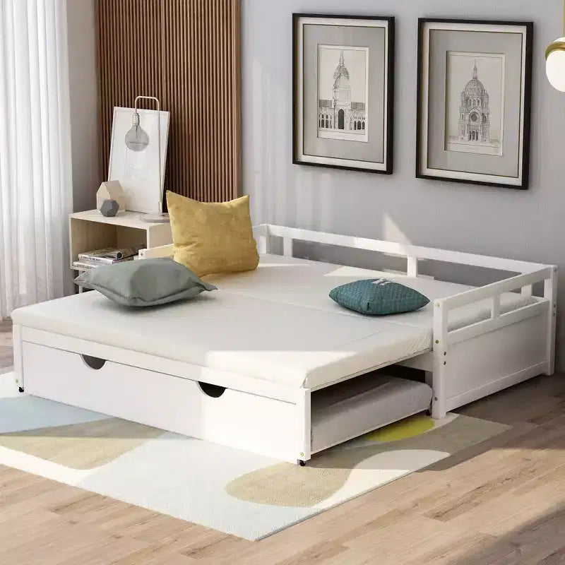 Okak Tagesbett in Einzelbettgröße mit ausziehbarem Design, Gästebett-Auszug/Schubladen und Sicherheitsgittern, Massivholz-Bettgestell für Jugendliche und Erwachsene