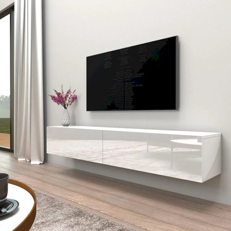 Meuble TV mural flottant Berno moderne et brillant de 71 pouces