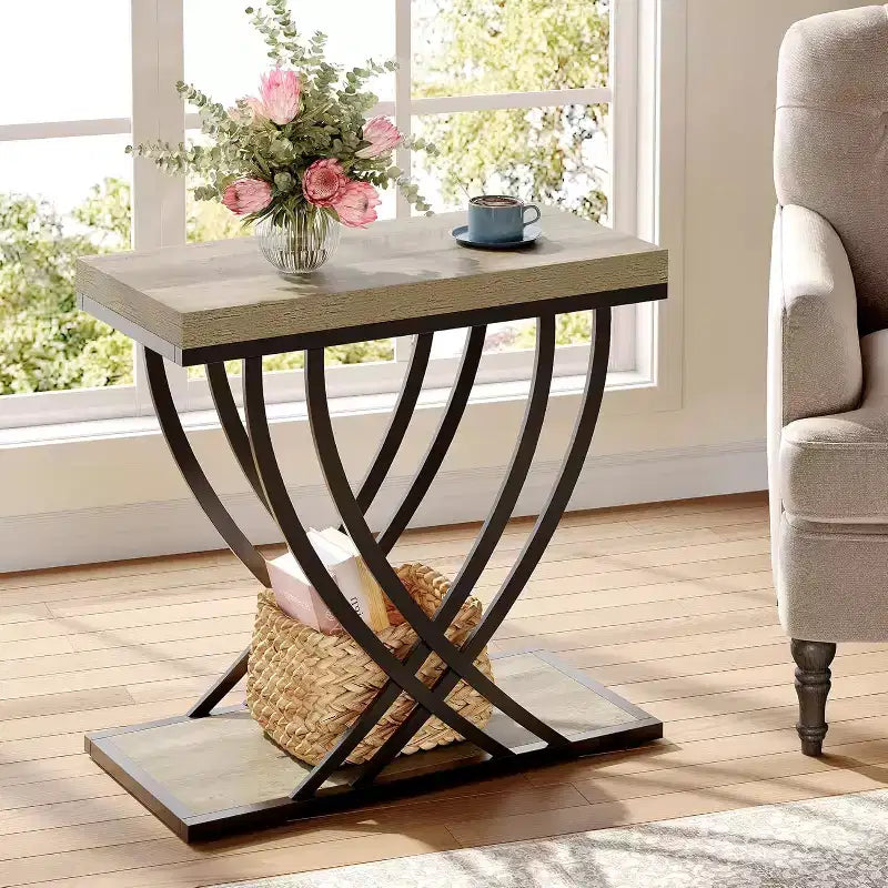 Table d’appoint à 2 niveaux, étroite, pour le salon, tables de chevet industrielles avec cadre en métal pour chambre, canapé, petits espaces, grise