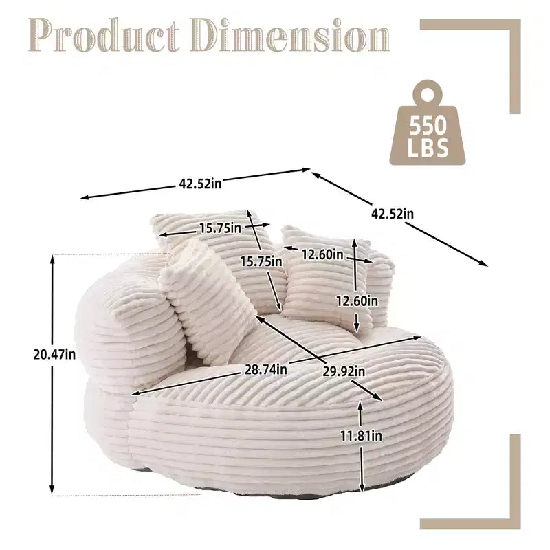 Sitzsacksofa für Erwachsene und Kinder, übergroßer Cord-Sitzsack mit 3 Kissen und Armlehnen für Wohnzimmer und Schlafzimmer - ModernLuxe