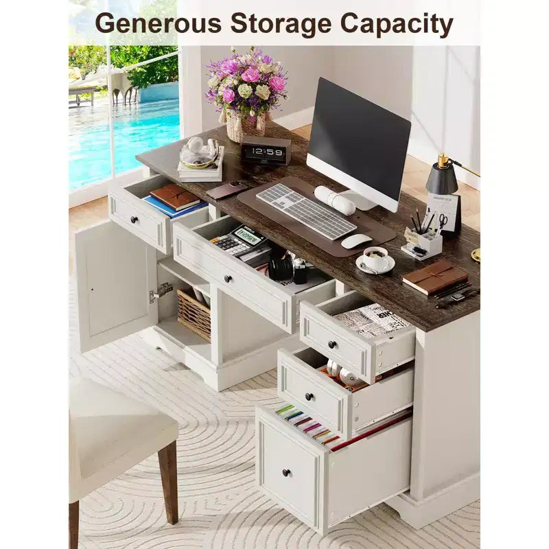 Dyonery 60-Zoll-Schreibtisch im Landhausstil mit Schubladen und Aktenschrank, Schreibtisch aus Holz mit geprägter Struktur fürs Homeoffice, Schwarz/Braun/Weiß und Braun