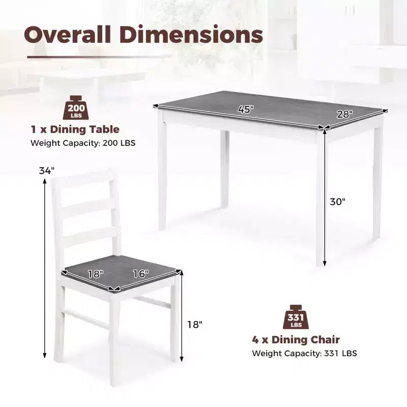 Costway 5-delige eetkamerset van massief hout, keukenmeubels met rechthoekige tafel en 4 stoelen, naturel/koffiekleur/grijs