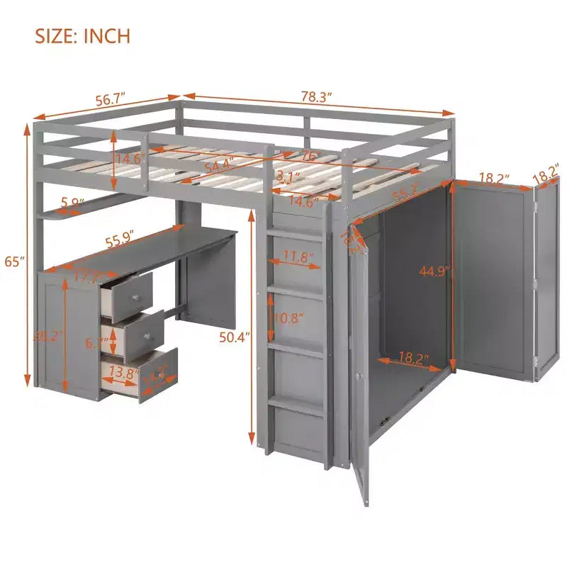 CLIHOME Hochbett in voller Größe mit 3 Aufbewahrungsschubladen, Schreibtisch und Kleiderschrank