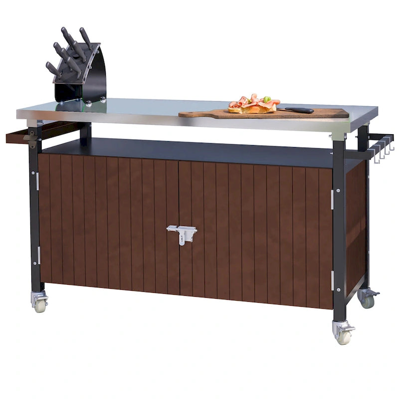 Grillwagen für draußen mit Tischplatte aus Edelstahl (Hocker nicht im Lieferumfang enthalten)