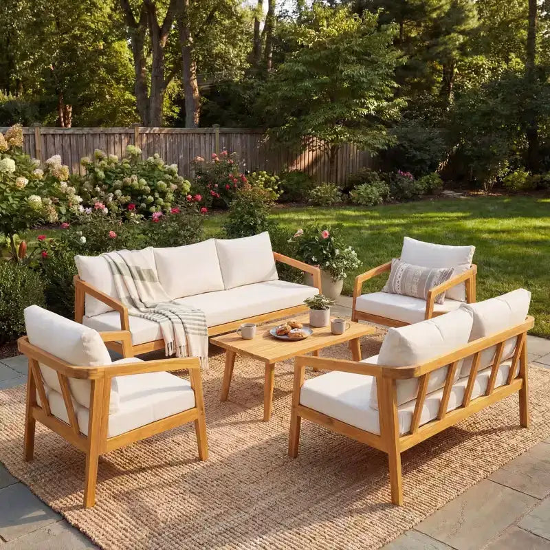 Ensemble de sièges moderne Sunny de Christopher Knight Home, 5 pièces en acacia, avec table rectangulaire à lattes et 7 places