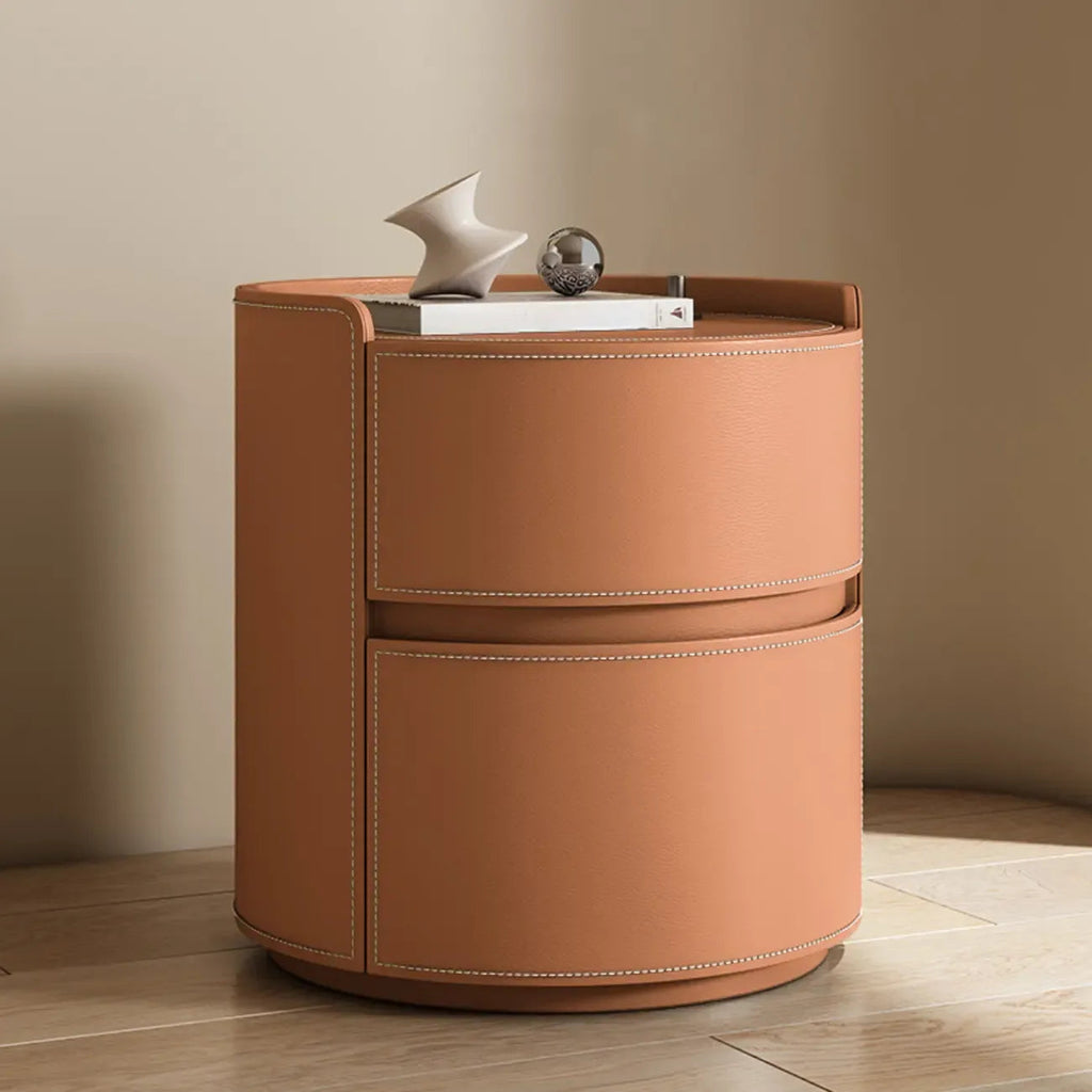 Comodino rotondo moderno con vassoio in pelle e 2 cassetti